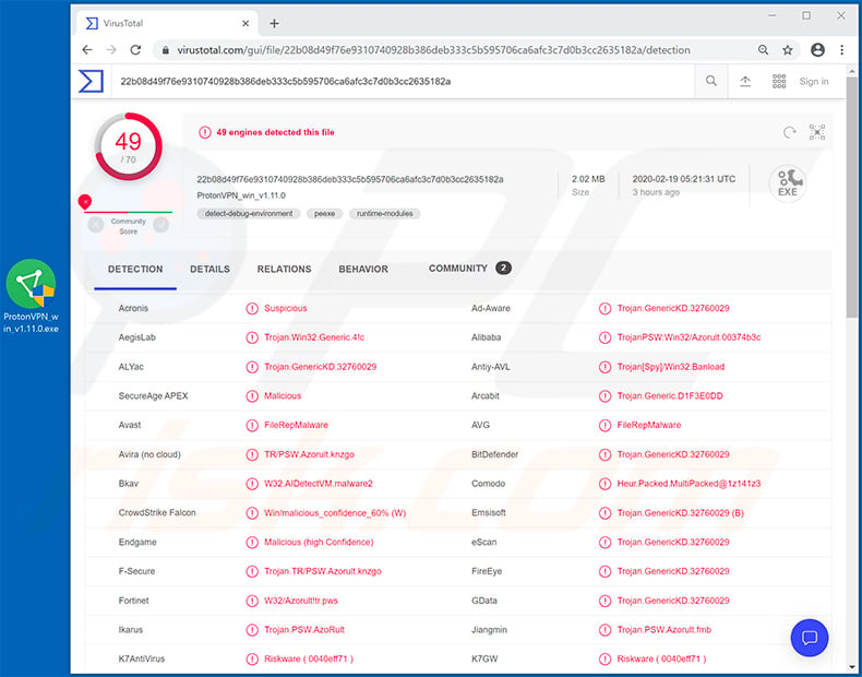 Fake ProtonVPN installation setup which injects AZORult trojan into the system