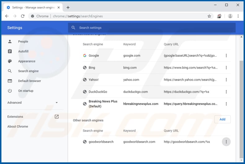 Removing search.hbreakingnewsplus.com from Google Chrome default search engine