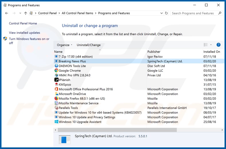 search.hbreakingnewsplus.com browser hijacker uninstall via Control Panel