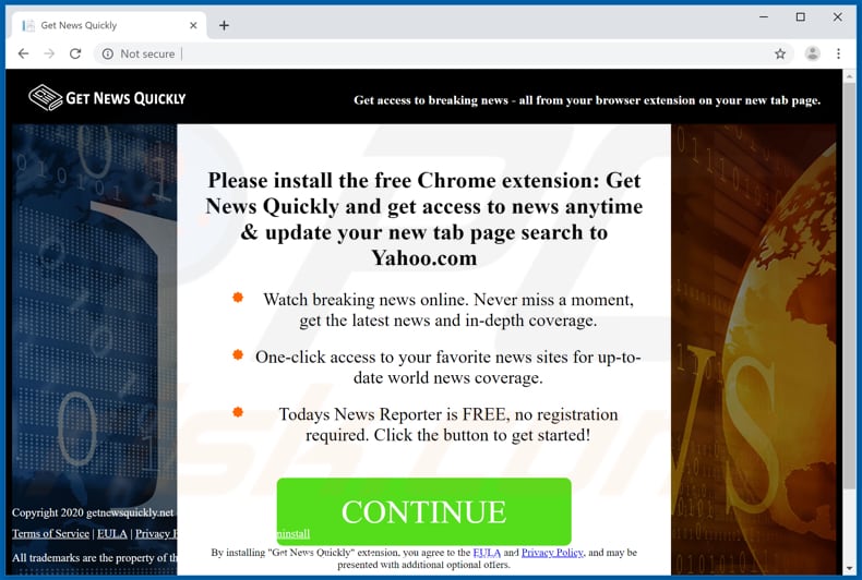 Website used to promote Breaking News Plus browser hijacker