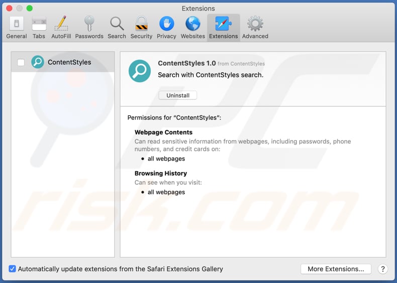 contentstyles adware installed on safari