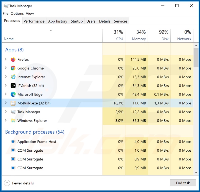 Coom ransomware process on task manager (MSBuild.exe)