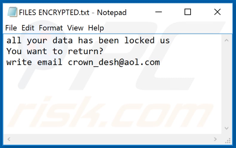 Crown (Dharma) ransomware text file (FILES ENCRYPTED.txt)
