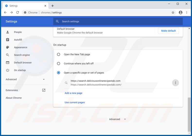 Removing search.deliciousonlinerecipestab.com from Google Chrome homepage