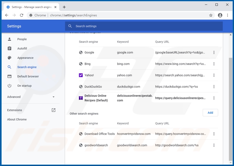 Removing search.deliciousonlinerecipestab.com from Google Chrome default search engine