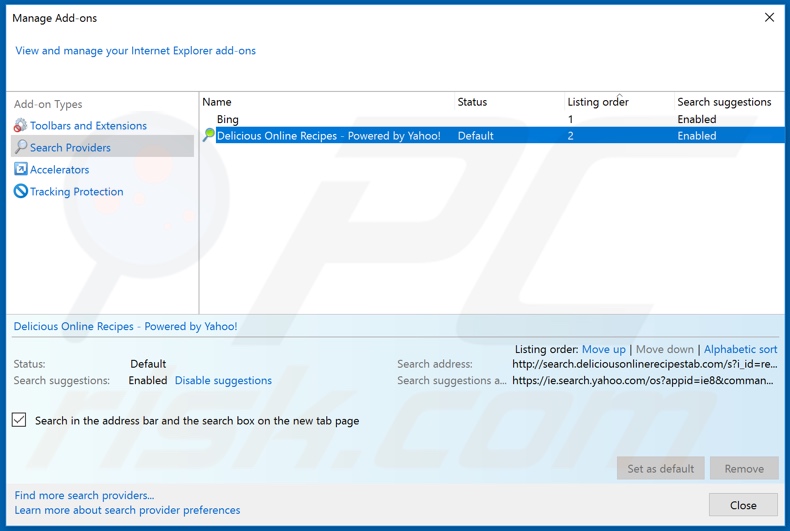Removing search.deliciousonlinerecipestab.com from Internet Explorer default search engine