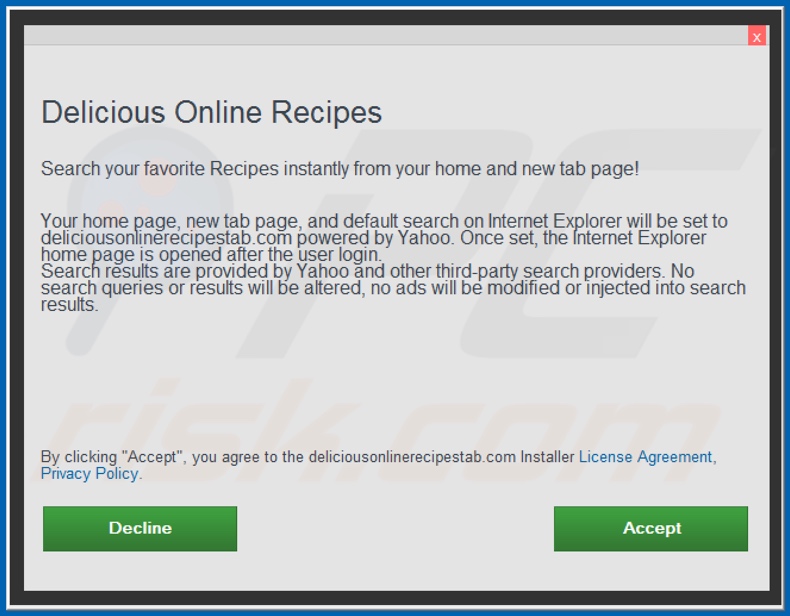 Official Delicious Online Recipes browser hijacker installation setup