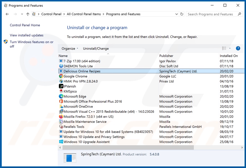 search.deliciousonlinerecipestab.com browser hijacker uninstall via Control Panel