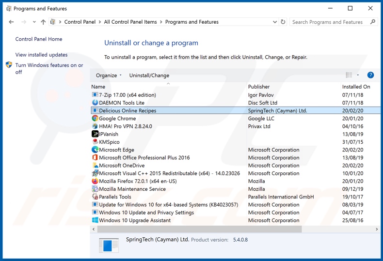 search.deliciousonlinerecipestab.com browser hijacker uninstall via Control Panel
