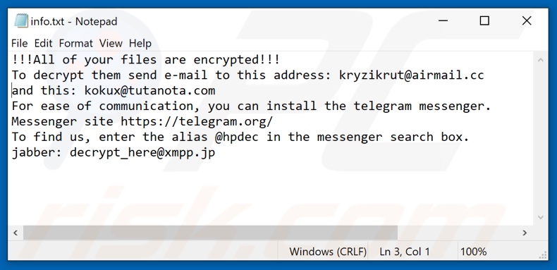 Dewar ransomware text file (info.txt)