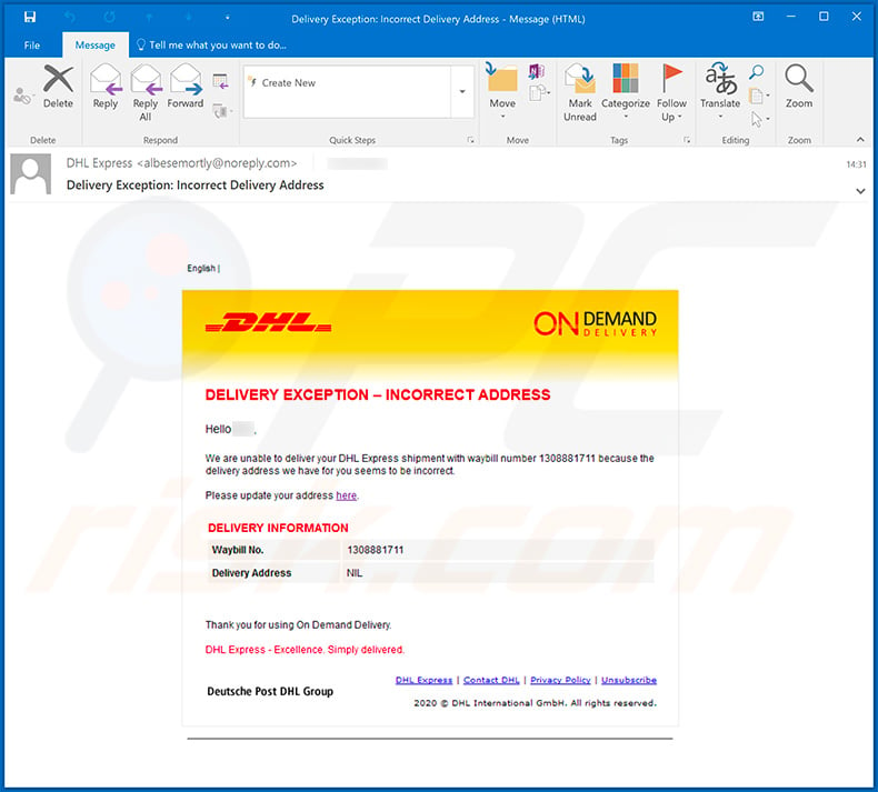 DHL phishing email spam campaign