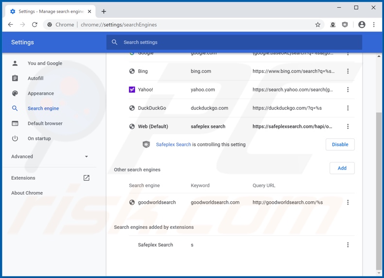 Removing directionstab.com from Google Chrome default search engine