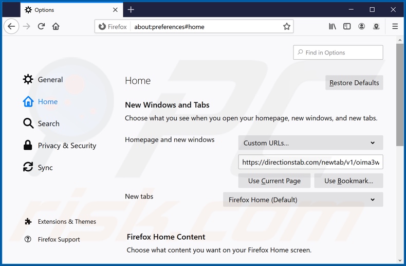 Removing directionstab.com from Mozilla Firefox homepage