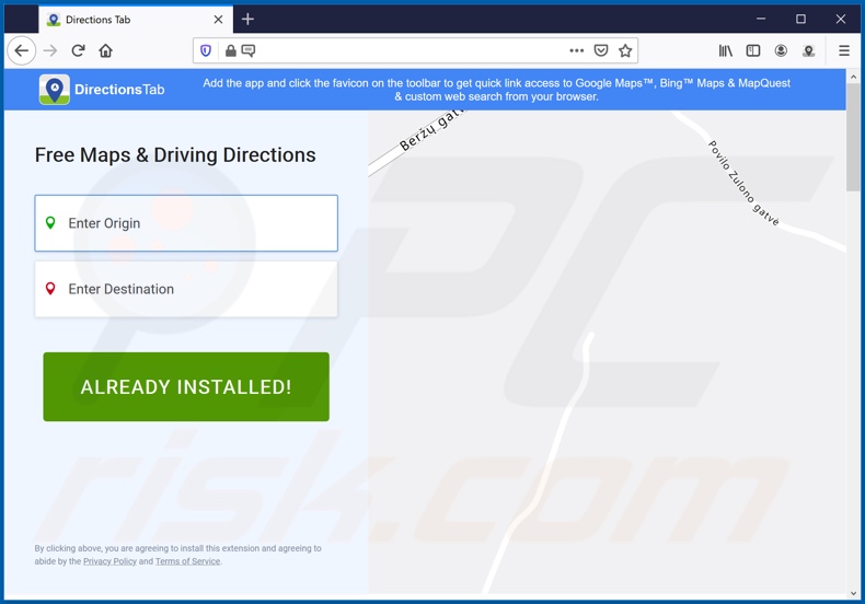 Directions Tab browser hijacker Firefox promoter