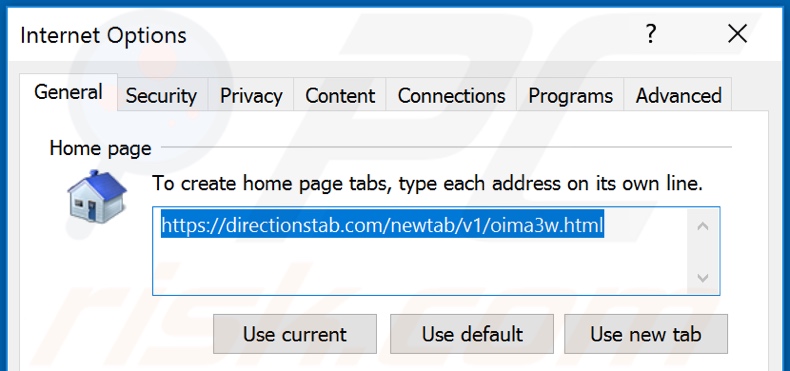 Removing directionstab.com from Internet Explorer homepage