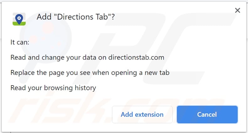 Directions Tab browser hijacker asking for permissions on Chrome