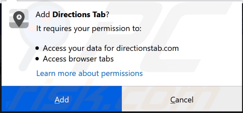 Directions Tab browser hijacker asking for permissions on Firefox