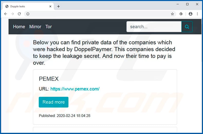 Dopple Leaks - a website used to leak information stolen by DoppelPaymer ransomware