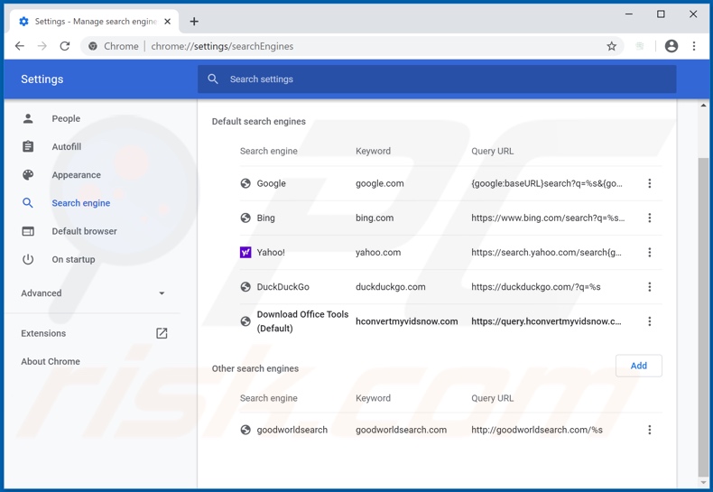 Removing search.hconvertmyvidsnow.com from Google Chrome default search engine