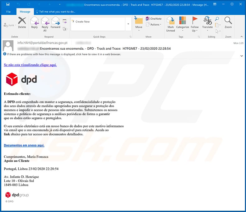 DPD Delivery email spam campaign Portuguese variant