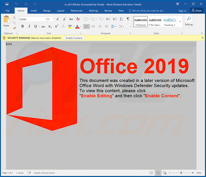 Malicious MS Word document used to spread Dridex malware - February 21, 2020