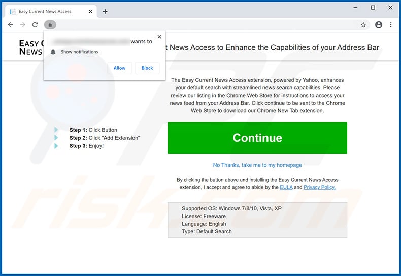 Website used to promote Easy Current News Access browser hijacker