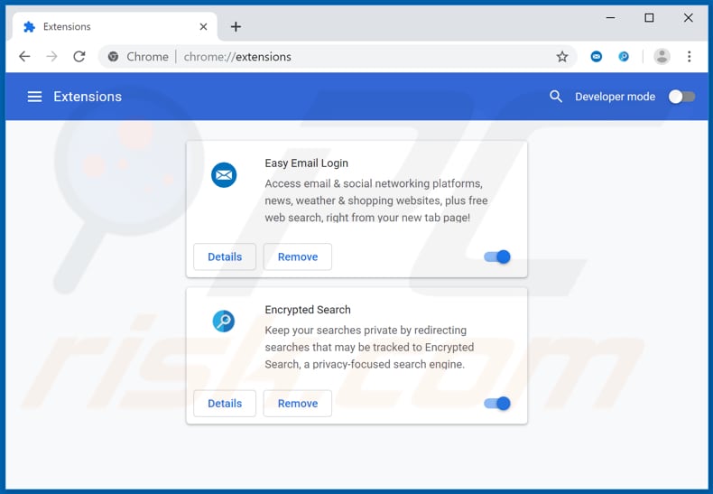 Removing search.easyemaillogintab.net related Google Chrome extensions