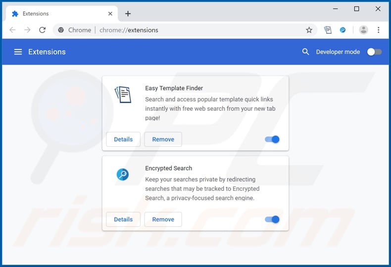 Removing search.easytemplatefindertab.com related Google Chrome extensions