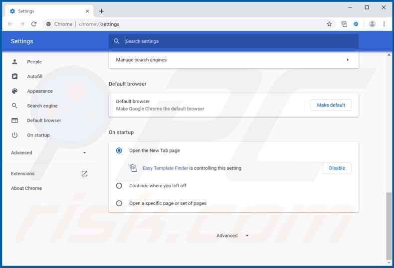 Removing search.easytemplatefindertab.com from Google Chrome homepage