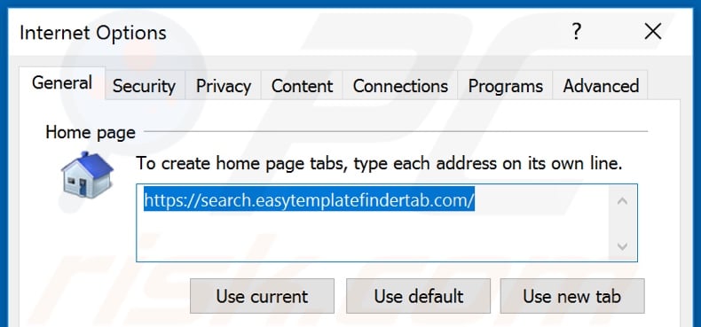 Removing search.easytemplatefindertab.com from Internet Explorer homepage
