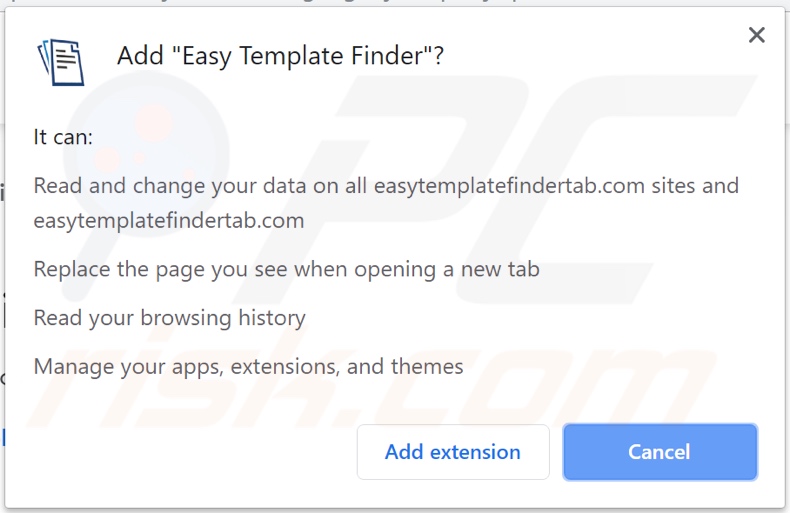 Easy Template Finder browser hijacker asking for permissions