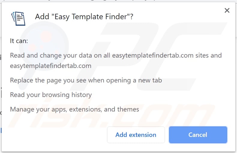 Easy Template Finder browser hijacker asking for permissions