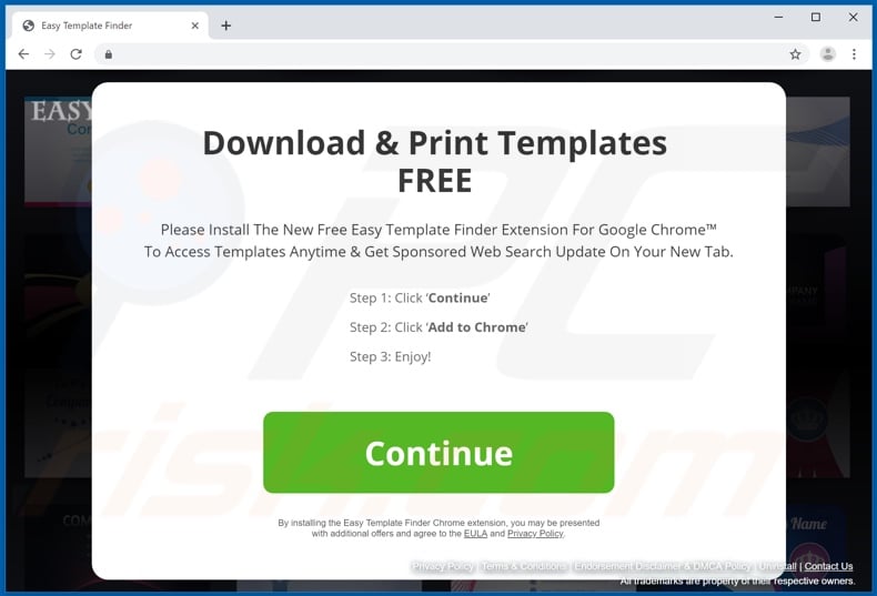 Website used to promote Easy Template Finder browser hijacker