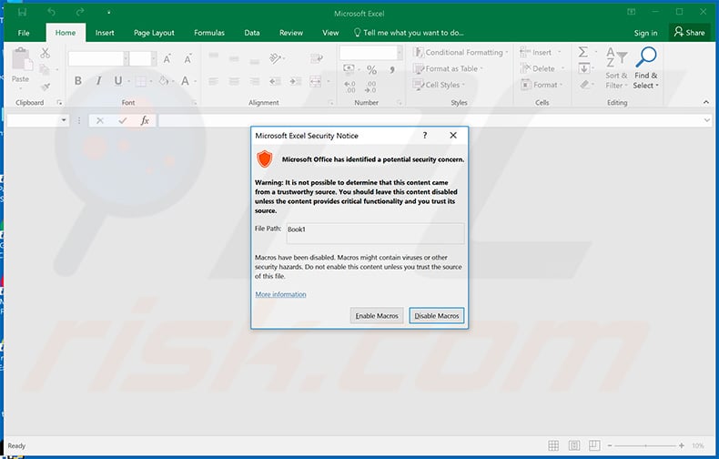 Excel window displayed once the malicious eFax spam campaign attachment is opened