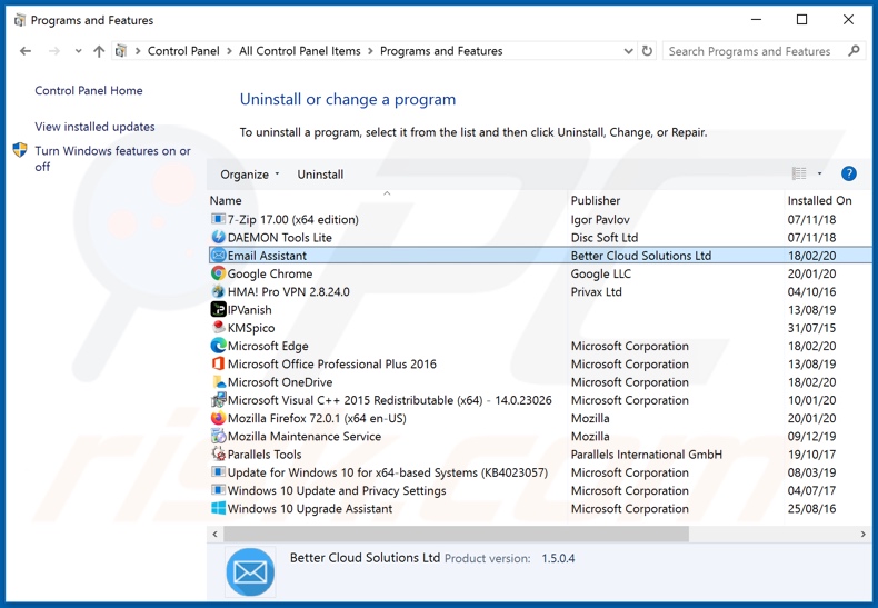 Email Assistant adware uninstall via Control Panel