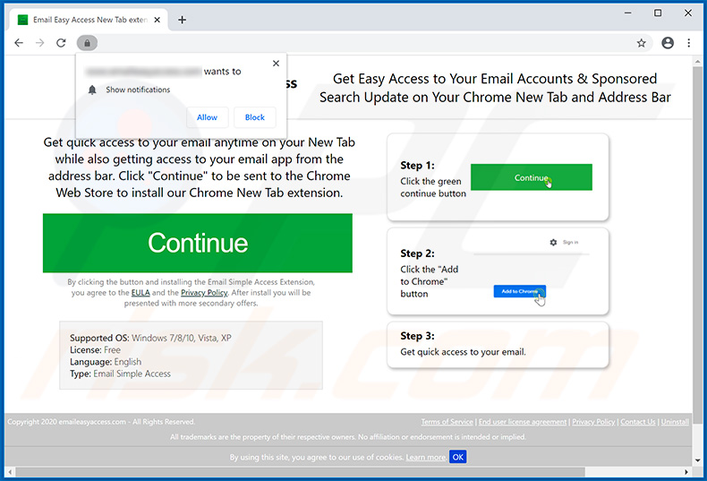 Email Easy Acccess browser hijacker-promoting website