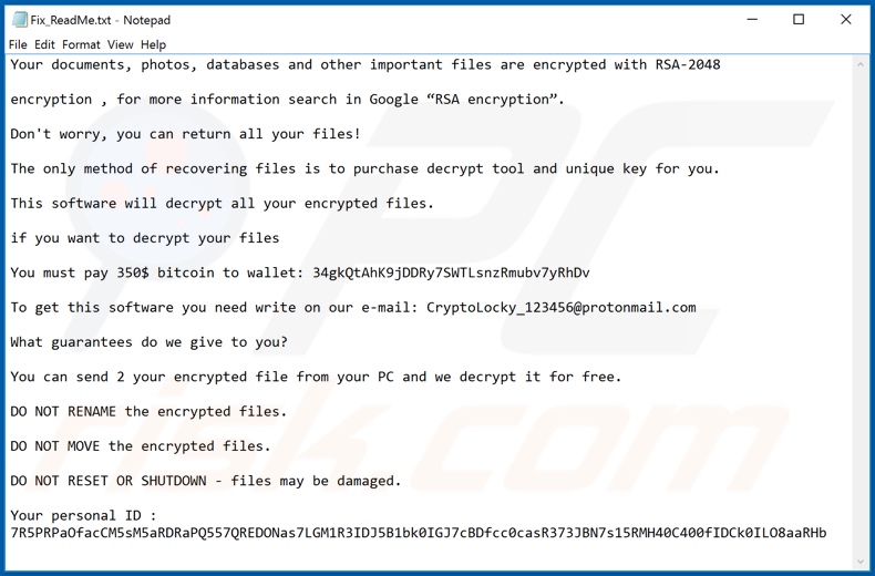 ENCRYPTED_RSA ransomware text file (Fix_ReadMe.txt)
