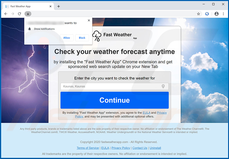 Fast Weather App browser hijacker-promoting website