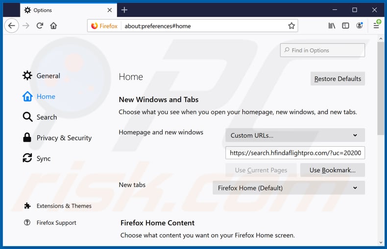 Removing search.hfindaflightpro.com from Mozilla Firefox homepage