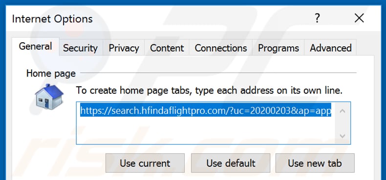 Removing search.hfindaflightpro.com from Internet Explorer homepage