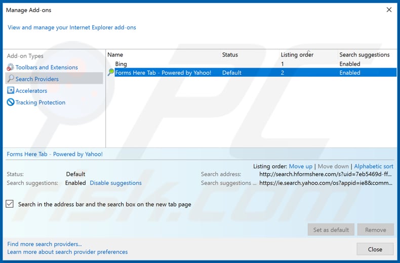 Removing search.hformshere.com from Internet Explorer default search engine