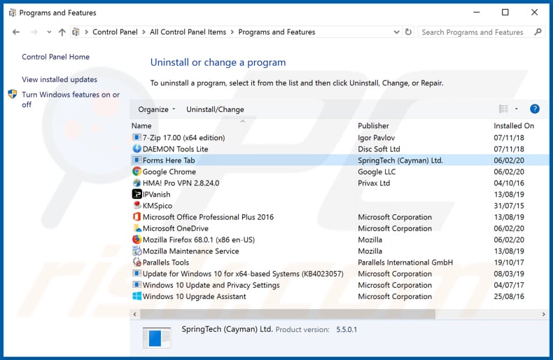 search.hformshere.com browser hijacker uninstall via Control Panel