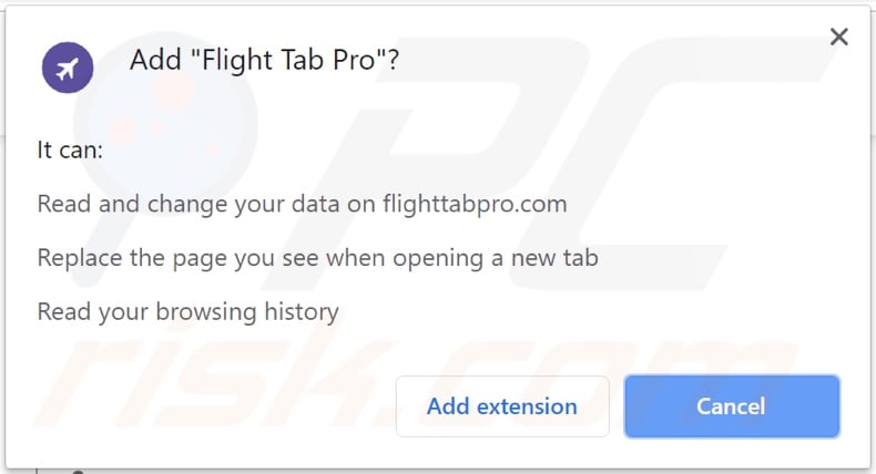 Flight Tab Pro browser hijacker asking for permissions (Chrome)