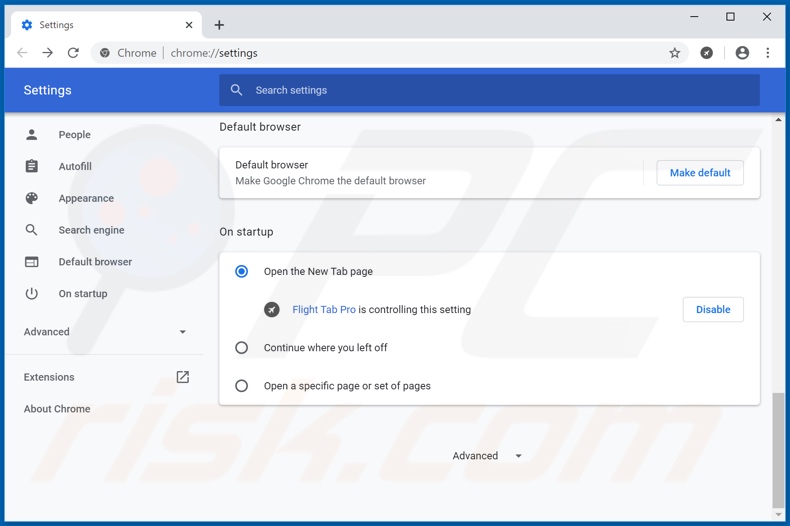 Removing flighttabpro.com from Google Chrome homepage