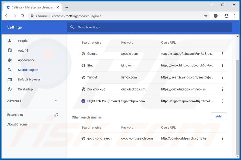 Removing flighttabpro.com from Google Chrome default search engine