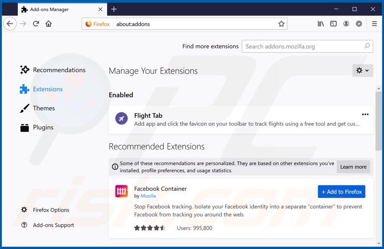 Removing flighttabpro.com related Mozilla Firefox extensions