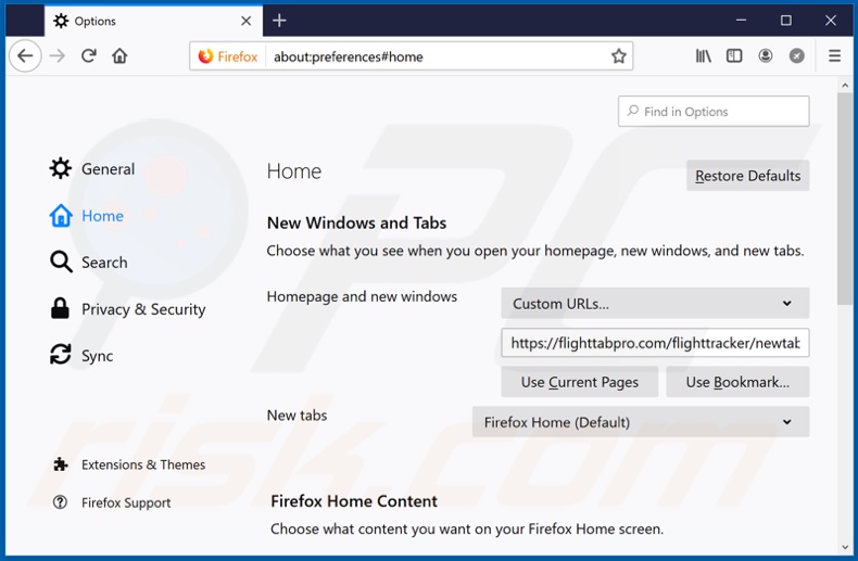 Removing flighttabpro.com from Mozilla Firefox homepage