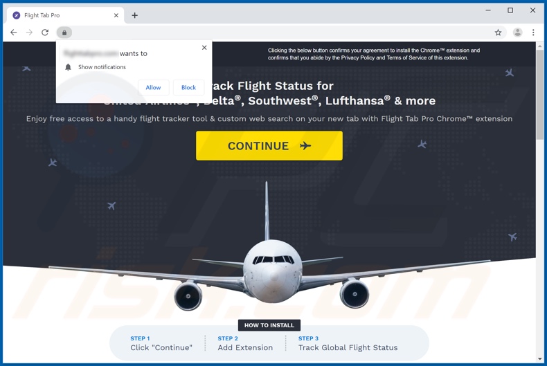 Website used to promote Flight Tab Pro browser hijacker