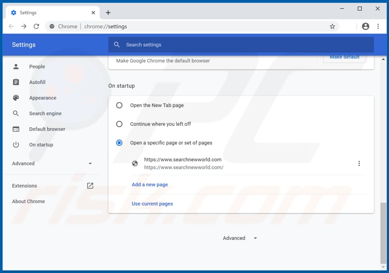 Removing searchnewworld.com from Google Chrome homepage