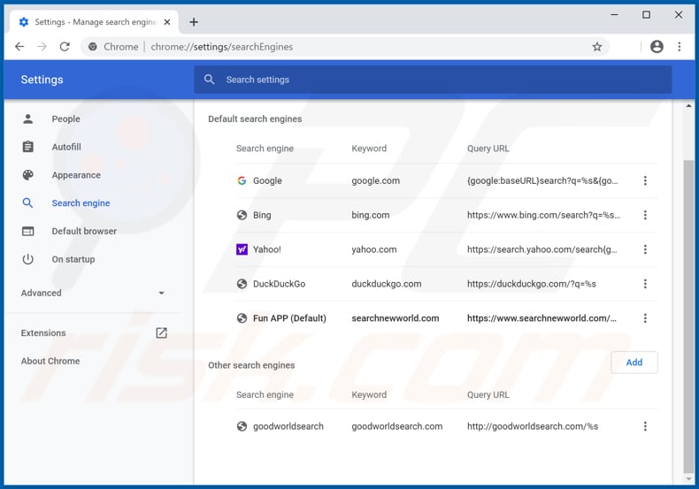 Removing searchnewworld.com from Google Chrome default search engine